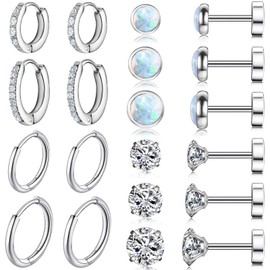 PierceNest 10 Pairs Stud Earrings for Women, Surgical Steel Earrings Set Lightweight and Trendy 316L CZ Cartilage Earlobes Hypoallergenic(Sliver)