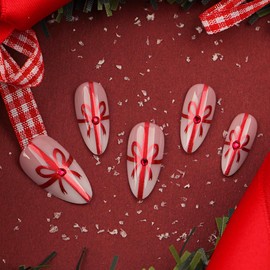Christmas Press on Nails Medium Fake Nails with Red Glitter Gift Box Designs Bow diamond Press ons Glossy Gule on Nails Cute False Nails Almond Artificial Stick on Nails Xmas Winter for Women Girls 24