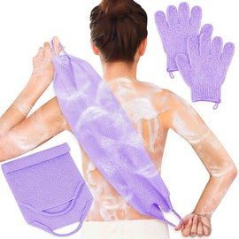 Exfoliating Back Scrubber Bath Gloves Set, Exfoliating Shower Towel with Shower Gloves for Body Scrub, Back Cleaner Wash Gloves to Remove Dead Skin (Black) - Color: purple