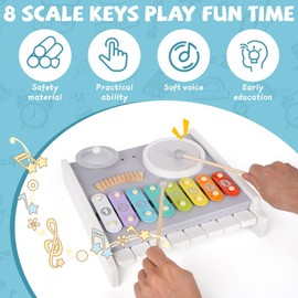 Montessori Wooden Percussion Instruments Toy Kid Drum Set Colorful Xylophone Musical Toys Preschool Music Educational Toy Birthday Gifts for Toddlers Girls Boys