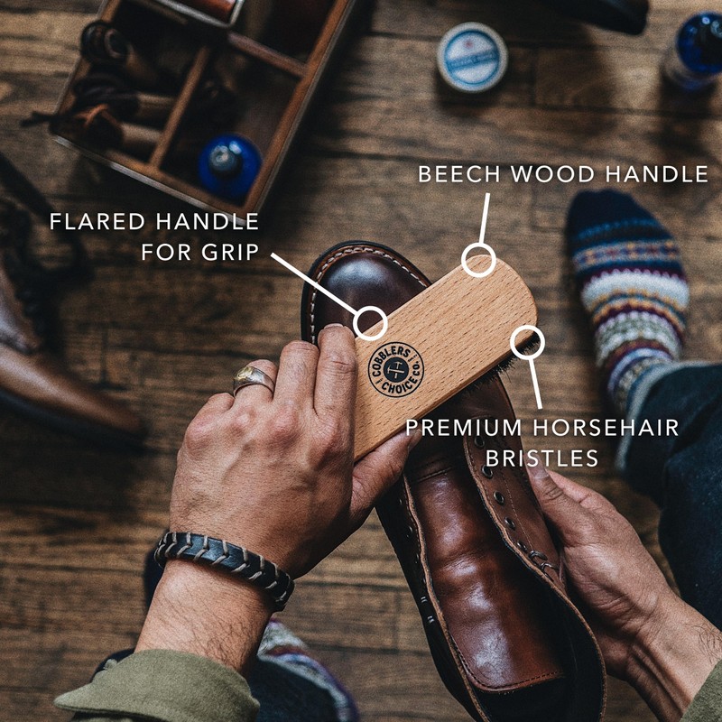 Premium Shoe Brush - Horsehair Shoe Brush - Concaved Handle