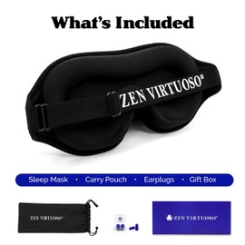 Zen Virtuoso 3D Sleep Mask for Men & Women - Blackout Eye Mask with Zero Pressure Cups for Lash Extensions, Side Sleepers - Adjustable Strap, Travel Bag & Earplugs