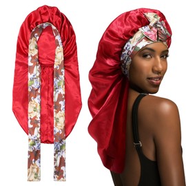 MBJERRY Long Satin Braids Bonnet - Silk Hair Bonnets for Sleeping Stretchy Tie Band for Black Women Elastic Sleep Cap for Curly Hair (Burgundy)