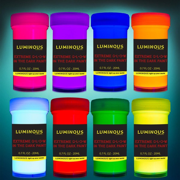 Luminous Extreme Glow in The Dark Paint - Set of 8 x 20 ml / 0.7 fl oz pots - Self-Luminous Glowing Neon Paints – High Pigmentation Long-Lasting Phosphorescent Paints