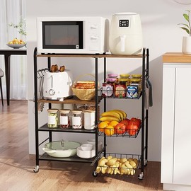 HapiRm Kitchen Fruit Vegetable Cart - 4 Tier Microwave Table Stand with Pull-Out Baskets, Coffee Bar Baker's Rack with Wheels Rolling Storage Cart Organizer Shelf for Living Room Office, Balcony
