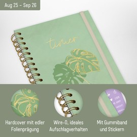 Häfft - Timer Fancy 2025/2026 A5 "Green Monstera" Student Planner with Hardcover and Spiral Bound for Upper Level, Education, Study, Term Aug 2025 - Sep 2026 - Sustainable & Climate Friendly