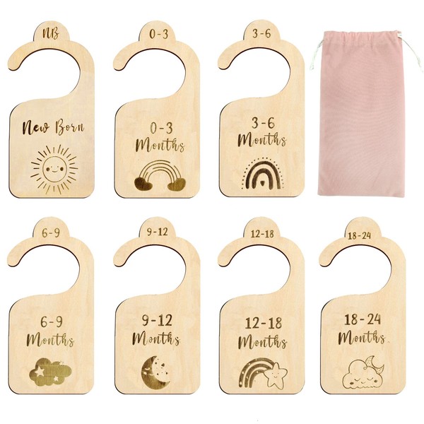 Baby Wardrobe Dividers, 7pcs Baby Clothes Dividers Wood Baby Closet Dividers from Newborn to 24 Month Baby Closet Organizers Nursery Hanger Decor Baby Shower Nursery Gift for New Parents (A)