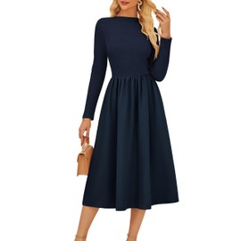 Women's Fall Midi Dress Long Sleeve Midi Dress Elastic Waist Aline Ribbed Semi Formal Work Office Teacher Dress Navy Blue S