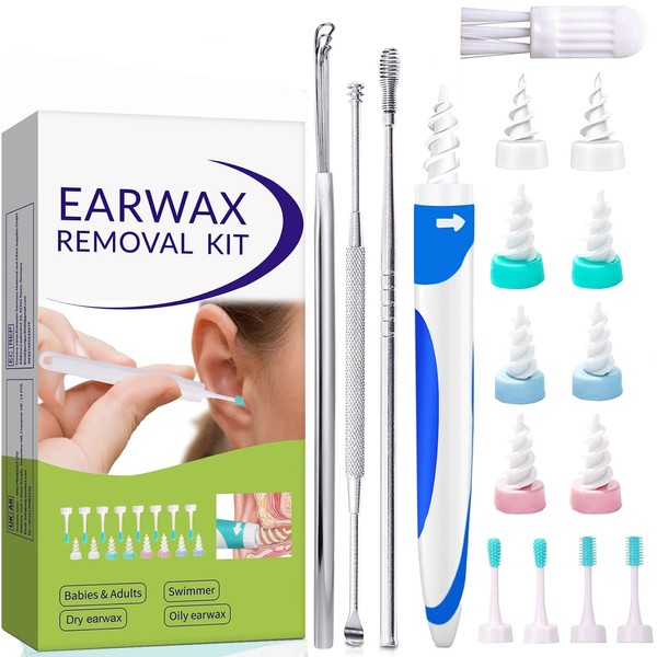 Earwax Remover Soft Silicone Ear Cleaning Tool Earwax Removal Tool with 4 Brush Head and 4 q Grips Tips + 4PCS Metal Ear Picker Set, Safe and Effective to Remove Ear Wax for Adults