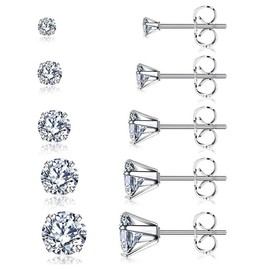 ZKGYUS 5 Pairs CZ Stud Earrings for Men and Women, Hypoallergenic, Nickel-Free Medical Stud Earrings, 925 Silver Women's Set for Multiple Ear Holes with Zirconia 3 mm - 7 mm