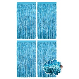 MEDIHOOL 4 Pack Wavy Blue Foil Fringe Curtain, 3.3 x 6.6 Feet Blue Streamers Shiny Metallic Tinsel Backdrop for Mermaid Birthday, Under The Sea Party, Mermaid Birthday Decorations