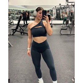 Aoxjox Women's Workout Sports Bras Fitness Gym Olivia Asymmetric One Shoulder Bra Yoga Crop Tank (Black, Large)