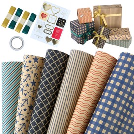 6 Sheets Gift Wrapping Paper, 70x50cm Gift Wrapping Papers Roll with 1 Sheets Gifts Stickers 1 Double-side Tape and 4 Ribbons for Decoration for Birthday, Party, Wedding and DIY Craft