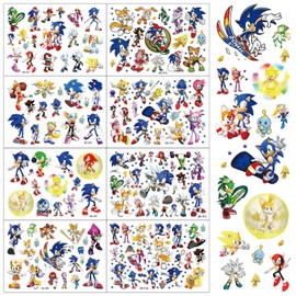 Sonic Tattoos Birthday Party Favors Decoration Supplies Gift for Kids 8 Cute Sheets Tattoos Stickers Temporary Tattoos for Classroom School Prizes Decoration Boys Girls Carnival Christmas Deco