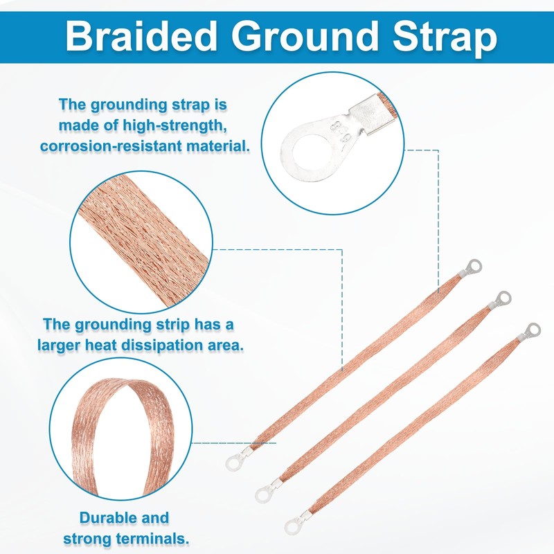 MECCANIXITY 3Pcs Braided Ground Strap 12" x 0.4" Copper Universal