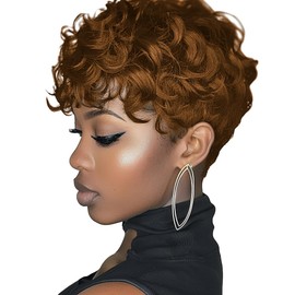 MUJGOO Pixie Cut Wig Brown Fluffy Wig Synthetic Short Curly Wig Fashion Women Brown Layered Pixie Hairstyle Wig for Black Women Daily Cosplay Short Wig (Brown)