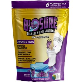 BIOSURE SeptiComplete Powder Pods: 6-Month Supply Effortless Septic Tank Enzymes for Septic Tank and Drain Field Cleaner. For Septic Tank Pump, RV Septic Tank Treatment, and Plastic Septic Tank.