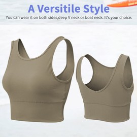 Workout Crop Tank Tops for Women Solid Comfort Sleeveless Shirts for Casual Sports Fitness Yoga Reversible Ribbed Tops Khaki M