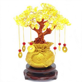 Colorsheng Feng Shui Citrine Quartz Crystal Money Tree Bonsai Style Decoration for Luck and Wealth (Purse)