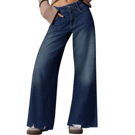 Cicy Bell Women's Wide Leg Jeans Casual High Waisted Distressed Frayed Hem Loose Trendy Baggy Denim Pants with Pockets Navy
