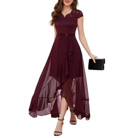Bbonlinedress Elegant Evening Dresses for Wedding, Lace Dress, Chiffon High-Low Dress, Bridesmaid Dress, Dip Hem Party Dress, Prom Dress, Long Ball Dress, Beach Dress, burgundy