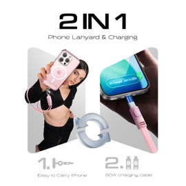 LISEN Phone Lanyard, 60W USB C Cable Phone Wrist Strap, Anti Theft Phone Strap, Phone Charm with 2 Pack Tether Tab, Wrist Lanyard for Women and Men, Teacher, Pink