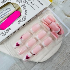 Valentine's Day Press on Nails Square Pink Glitter Heart Fake Nails Short French Tip False Nails with Heart Designs Acrylic Nails Valentine's Glue on Nails Glossy Short Stick on Nails for Women