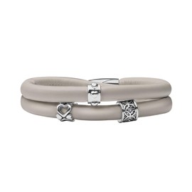 Quiges Leather Wrap Bracelet Grey Beige 40-44 cm with Charm Beads Silver-Plated Stainless Steel Magnetic Clasp, Leather, Cubic Zirconia