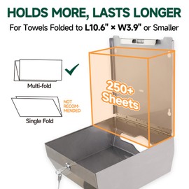 anydry Wall Mount Paper Towel Dispenser 250-Sheet Capacity Brushed Stainless Steel Lockable Fits Multifold/Z-Fold Towels (Folded Size ≤ 10.6" x 3.9")