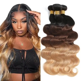 Freiuoke Blonde Bundles Human Hair 4/27 Body Wave Bundle Ombre Bundle Three Tone Human Hair 3 Bundles 22 24 26 Inch 8A Peruvian Hair Extensions
