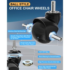 RidRed Office Chair Wheels Replacement Heavy Duty 2 Inch Roller Blade Wheels for Carpet Hardwood Floors,Support 2000 LB, Rubber Rollerblade Desk Chair Casters, Standard Stem Universal Fit, Set of 5