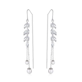 Vetieeimo Long Pearl Dangle Earrings with Cubic Zirconia Hook Threader Earrings for Bride Bridesmaid Wedding Prom (Silver)