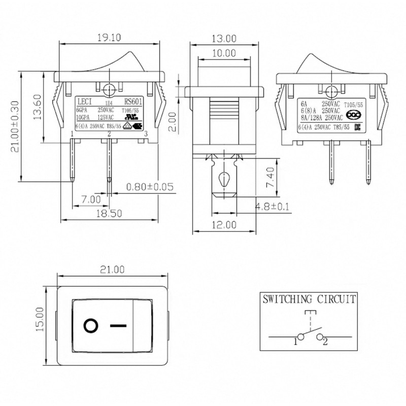 LECI RS601 Rocker Switch - 2 Pins 2 Positions 6A/125A