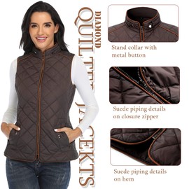 Dilgul Women Padded Vest Stand Collar Zip Up Puffer Lightweight Quilted Vest Brown M