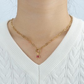 Joacii 14K Gold Plated Birthstone Cubic Zirconia Pendant Paper Clip Chain Necklace for Women with Adjustable Pendant Round Clasp Not Tarnish, Stainless Steel