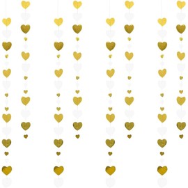 14 ft Heart Hanging Streamers,White and Gold Paper Garlands Hanging for Wedding Decorations,Engagement Party Decorations with Heart Streamers,for Anniversary,Birthday,Valentine's Day Decoration