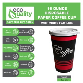 EcoQuality Large 16 oz 1000 Count Paper Hot Cups with White Lids Classic Durable Disposable Paper Hot Coffee Cups For Hot/Cold Drink, Coffee,Tea, Cocoa,Travel, Office (16 Ounce - 1000 Count Cups)