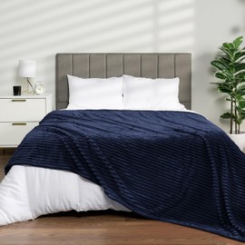 PAVILIA Soft Fleece King Bed Blanket Navy Blue, Large Fuzzy Plush Flannel Blanket, Warm Cozy Ribbed Microfiber Blanket for Sofa Couch, Lightweight Striped Blanket, Navy, 108x90