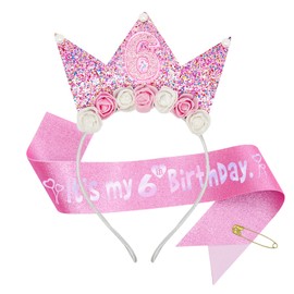 QIUJALE - Diadema para niñas de 6 años, diseño de flores con purpurina, para decoración de fiesta de princesa, para niñas de 6 años