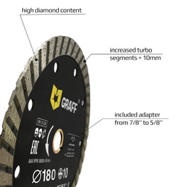GRAFF 7 Inch Diamond Blade for Angle Grinder - Diamond Cutting Wheel for Cutting Stone, Marble, Granite, Brick, Masonry, Paving Flag, Concrete - Turbo Diamond Saw Blades - 180 mm