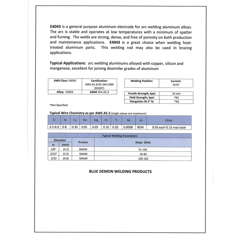Blue Demon E4043 1/8" x 14" 5LB Plastic Aluminum Covered
