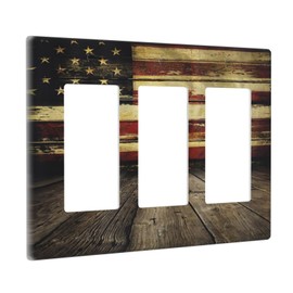 Vintage American Flag On Wooden Planks Rocker Light Switch Cover 3 Gang Wall Plate Decorative Triple Decora Switchplate Electrical GFCI Outlet Faceplate for Bathroom Kitchen Decor