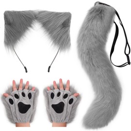 DRESHOW Wolf Fox Fur Tail Ears Headband and Gloves Set Cosplay Party Costume Super Huge Fluffy Tail for Adult (Not for Child)