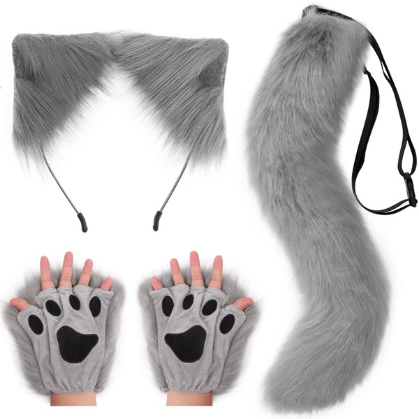 DRESHOW Wolf Fox Fur Tail Ears Headband and Gloves Set