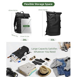 GYakeog Rolltop Backpack Waterproof for Men and Women 33L Large Bicycle Backpack 15.6 Inch Laptop Backpack Lightweight Perfect for Work School Travel and Outdoor Activities Black, black, L, Casual