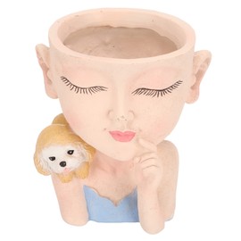 Flower Pot Girl and Dog Cute Style Bottom Drainage Hole Decorative Resin 12.5x11x14cm Desktop Planter Pot