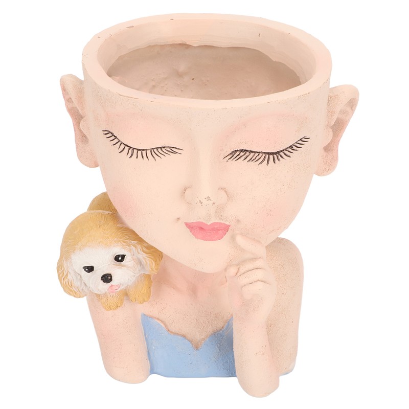 Flower Pot Girl and Dog Cute Style Bottom Drainage Hole