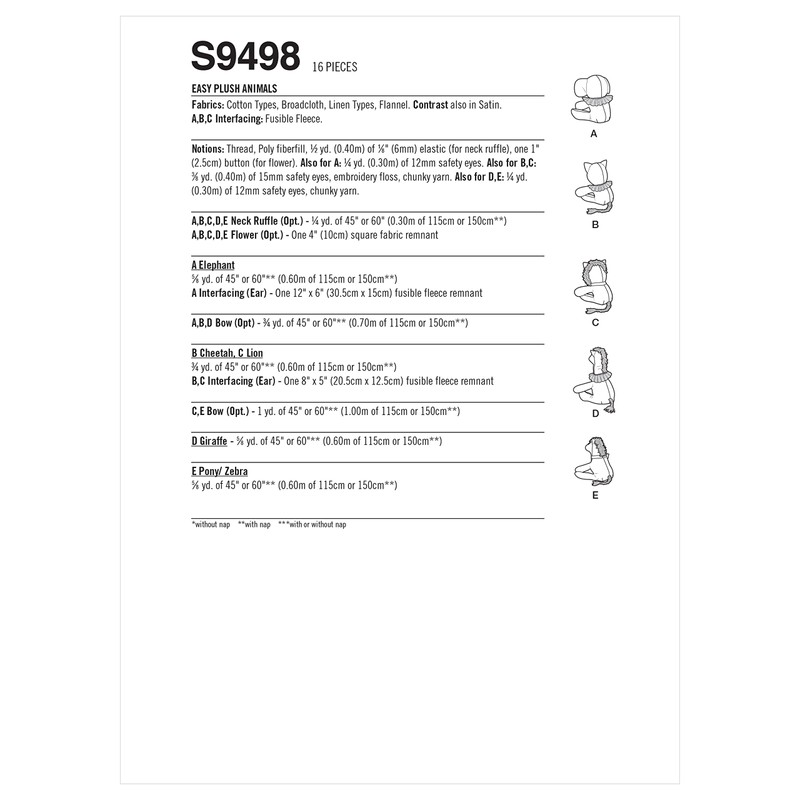 Simplicity SS9498OS Easy Plush Stuffed Animals Sewing Pattern Kit, Code