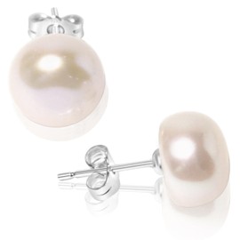 10mm Grade AAA+ Freshwater Cultured Pearl Stud Earrings in 925 Sterling Silver – Cream White, Pink, Lavender, and Black Variations (Cream White)