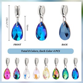 PH PandaHall 32pcs Teardrop Glass Charms, 8 Colors Faceted Waterdrops Charms Crystal Teardrop Pendants Drop Dangle Charm with Large Hole Bail Hanger for Jewelry Necklace Bracelet Making